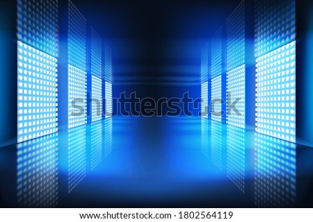 Glowing screens in an empty room interior. Show in a television studio. Lights on the stage. Blue abstract background. Vector illustration.