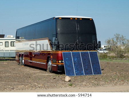 Solar panels used in the desert to provide electricity for a recreational vehicle.