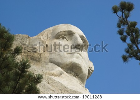 closeup view of George Washington on Mount Rushmore National Monument in the Black Hills of South Dakota.
