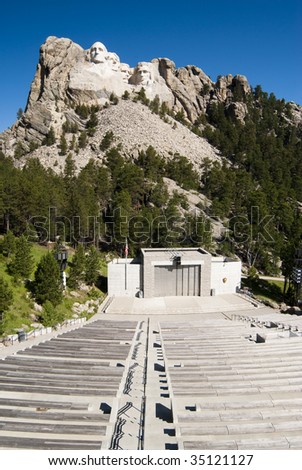 Mount Rushmore National Memorial with the visitors center amphitheater in the foreground