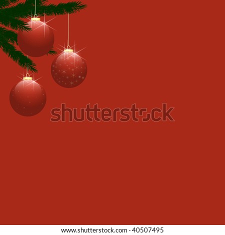 Three red shiny baubles, hanging from Christmas tree branches on upper left side of frame.  Plain red background provides copy space to the right and below.