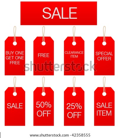 Illustrated \'Sale\' sign and printed special offer tag, in red with white print.  Tags have holes with string effect loop attachment.