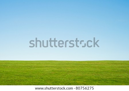 Green grass and blue sky landscape background, providing copy space in the sky.  Horizontal orientation.