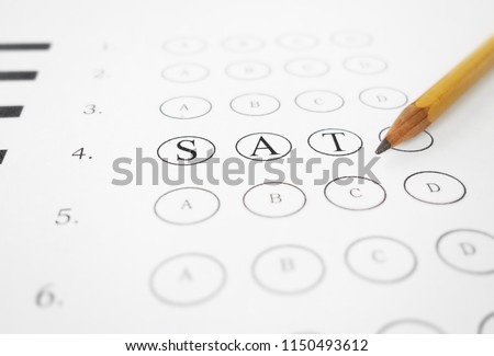 Closeup of multiple choice exam with SAT text and pencil Stok fotoğraf © 