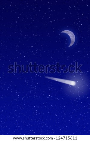 Night sky filled with a shooting star and crescent moon