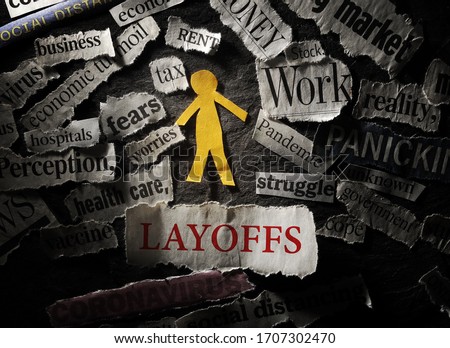 Paper cutout person with Layoffs headline, surrounded by Coronavirus and economic related news Stockfoto © 