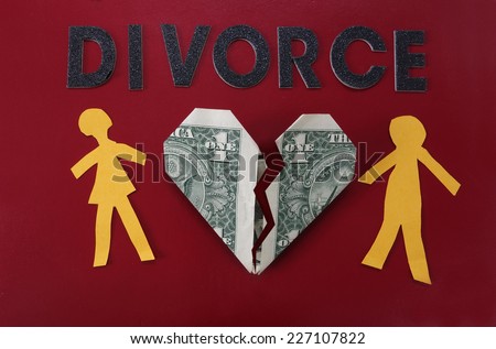 Paper couple with broken dollar heart and Divorce letters