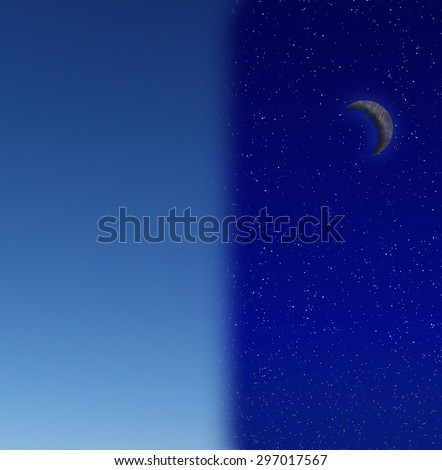 Day changing to night sky with stars and crescent moon -- night and day concept