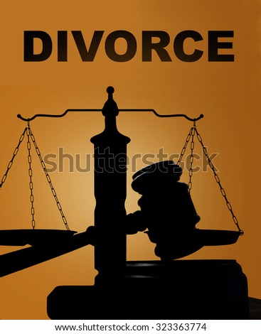 Court gavel and scales of justice silhouette with Divorce text