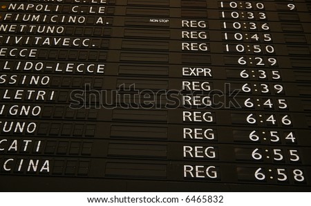 Train schedule board with departure times
