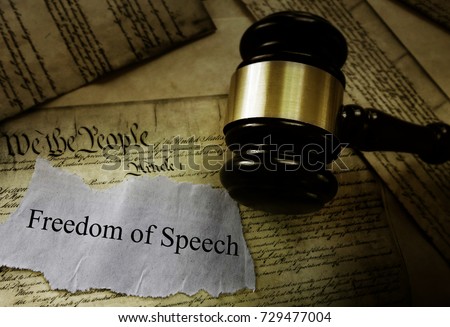 Freedom of Speech message on pages of the US Constitution with court gavel -- First Amendment concept Foto stock © 