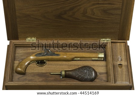 Black Powder Pistol in a Walnut Display Case with Powder Flask
