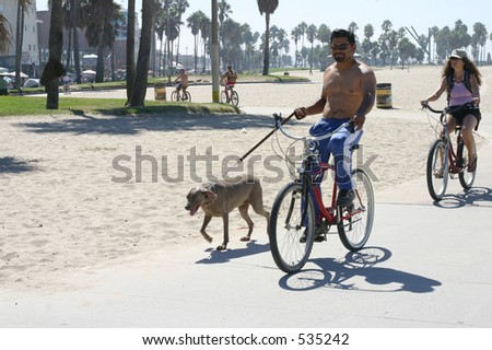 Cyclist with his dog on a leash on a bike path at Venice Beach, CA.
