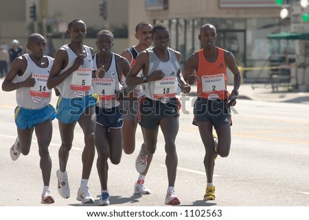 Taken 3-19-06 in Los Angeles.  Los Angeles Marathon leaders.  Benson Cherono - #5 1st place, Simon Wangai - #14, Thomas Omwenga #10 - 4th, Robert Kiprotich Cheruiyot #2, Laban Kipkemboi - #4 2nd).
