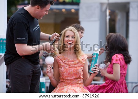 7-10-07 Models having their hair done at the Hairspray Premiere in Westwood