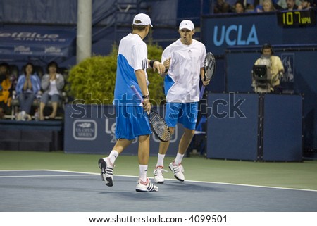 WESTWOOD, CA - JULY 21: Doubles team Bob and Mike Bryan (pictured) playing against Jeff Coetzee and Wesley Moodie at the US Open Series Countrywide Classic Semi-Finals on 7/21/07.