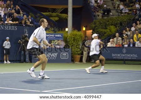 WESTWOOD, CA - JULY 21: Doubles team Bob and Mike Bryan (not pictured) playing against Jeff Coetzee and Wesley Moodie at the US Open Series Countrywide Classic Semi-Finals on 7/21/07.