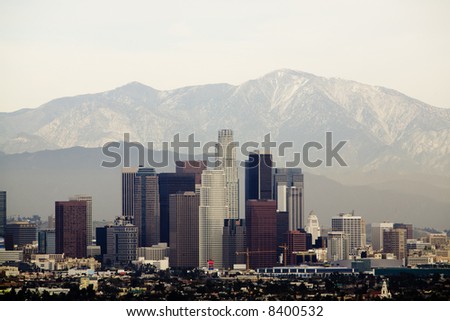 Horizontal image of downtown Los Angeles with mountains behind