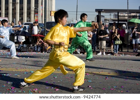 Los Angeles Chinatown, Feb 9th, 2008: Kung-Fu practitioners in the Chinese New Year parade, celebrating Year of the Rat.