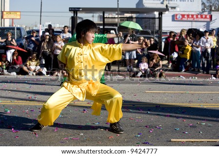 Los Angeles Chinatown, Feb 9th, 2008: Kung-Fu practitioners in the Chinese New Year parade, celebrating Year of the Rat.