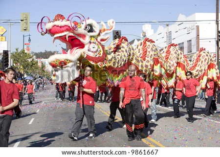 Los Angeles Chinatown, Feb 9th, 2008: Parade participants in the Chinese New Year parade, celebrating Year of the Rat.