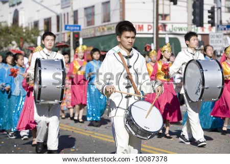 Los Angeles Chinatown, Feb 9th, 2008: Marching band parade participants in the Chinese New Year parade, celebrating Year of the Rat.