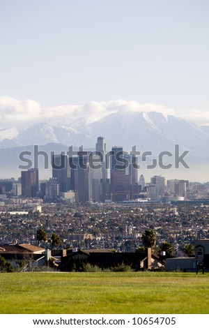 Vertical image of Downtown Los Angeles from a park overlooking houses