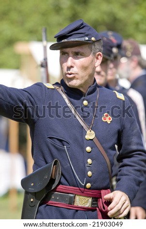 HUNTINGTON BEACH, CA - AUGUST 30:  Civil war re-enactor as a union officer giving orders. The annual 'Civil War Days' brings together enthusiasts from all over the state. Taken at the 2008 event. August 30, 2008