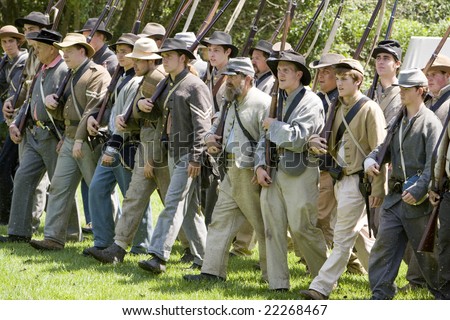 HUNTINGTON BEACH, CA - AUGUST 30: Civil war re-enactors marching as Confederate soldiers. \'Civil War Days\' brings together enthusiasts from all over the state August 30, 2008, in Huntington Beach, CA.