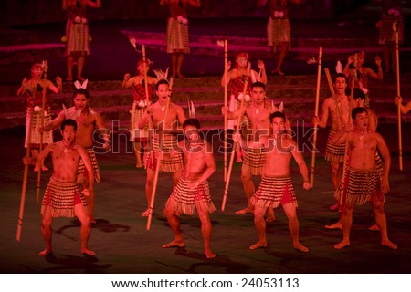 LA\'IE, HI - JULY 26: Students perform a Maori dance (haka) at the Polynesian Cultural Center (PCC) July 26, 2008 in La\'ie, HI. The PCC is Hawai\'i top paid attraction.