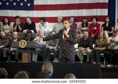 LOS ANGELES - MARCH 19: President Barack Obama speaks at a town hall meeting at the Miguel Contreras Learning Center on March 19th, 2009 in Los Angeles. 1,100 people attended to hear him speak.