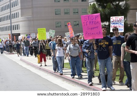 LOS ANGELES - APRIL 22: Pro science marchers defend the use of animals in biomedical research April 22nd, 2009 in Los Angeles.  UCLA Pro-Test campaign estimates 800-1000 marchers attended.