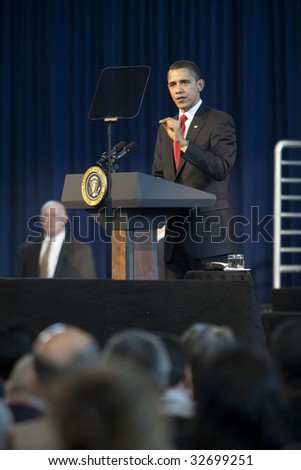 LOS ANGELES - MARCH 19: President Barack Obama speaking at a town hall meeting at the Miguel Contreras Learning Center on March 19th, 2009 in Los Angeles.