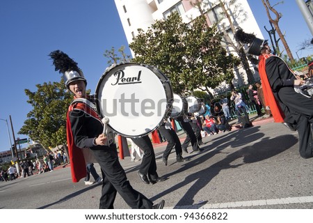 LOS ANGELES - JAN 28: Pearl High School Marching Band perform at Chinatown\'s Golden Dragon Parade on Jan 28, 2012 in Los Angeles. The Chinese New Year celebrates the Year of the Dragon