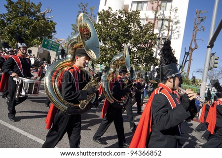 LOS ANGELES - JAN 28: Pearl High School Marching Band peforms at Chinatown\'s Golden Dragon Parade on Jan 28, 2012 in Los Angeles. The Chinese New Year celebrates the Year of the Dragon
