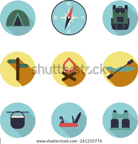 This is set of flat design icons of camping topic.There are 9 icons including tent, compass, backpack, pointers, fire, kayak, boiler, folding knife with the opener and corkscrew, binoculars.