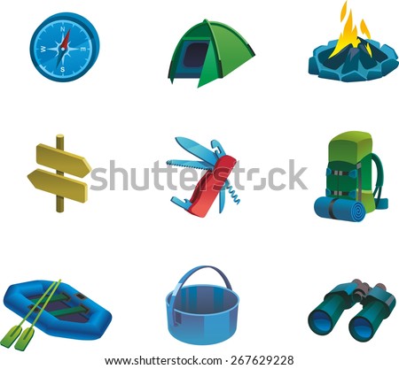This is set of isometric design icons of camping topic including tent, compass, backpack, pointers, fire, kayak, boiler, folding knife with the opener and corkscrew, binoculars.