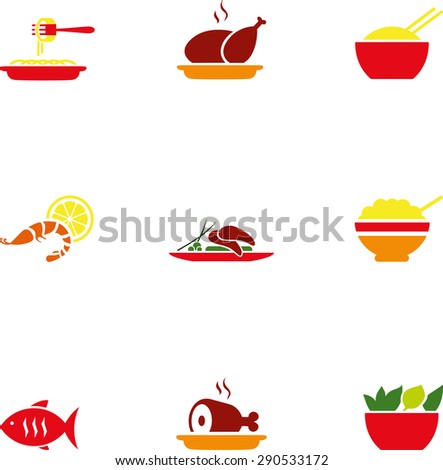 Set of flat design icons of dishes topic. 9 flat icons, including chicken, eastern food or oriental cuisine, pasta, rice, ham, pan-asian food, shrimp, salad, fish, foie gras