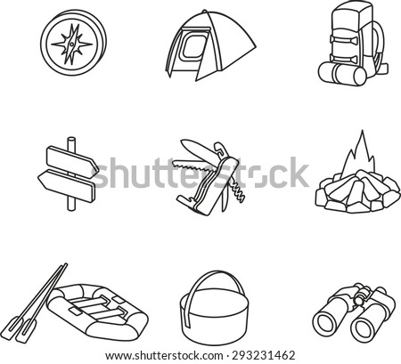 This is set of isometric linear design icons of camping topic.There are 9 icons including tent, compass, backpack, pointers, fire,kayak, boiler, folding knife with the opener and corkscrew, binoculars