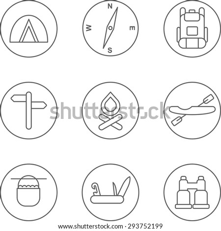 This is set of modern linear design icons of camping topic.There are 9 icons including tent, compass, backpack, pointers, fire, kayak, boiler, folding knife with the opener and corkscrew, binoculars.