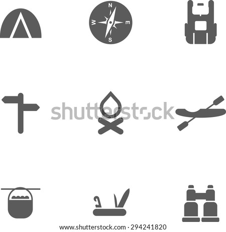 This is set of monochrome design icons of camping topic.There are 9 icons including tent, compass, backpack, pointers, fire, kayak, boiler, folding knife with the opener and corkscrew, binoculars.