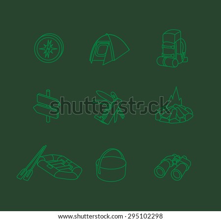 set of linear design icons of camping topic with background.There are 9 icons including tent, compass, backpack, pointers, fire, kayak, boiler, folding knife with the opener,corkscrew, binoculars.