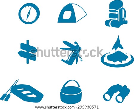 set of monochrome volume design icons of camping topic.There are 9 icons including tent, compass, backpack, pointers, fire, kayak, boiler, folding knife with the opener and corkscrew, binoculars.