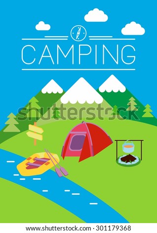 This is set of flat design illustration of camping topic.Moonrise kingdom style.There are tent, fire, kayak, boiler. Use it for web, print, card, advertising or at you will