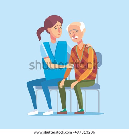 Flat design concept of healthcare and medical for older people. Cartoon illustration old woman and nurse or doctor. Medical help and patronage