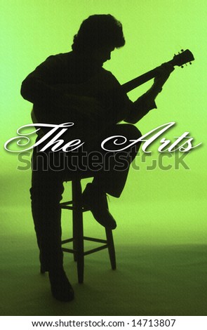 Music: A classical guitar player sitting on a bar stool and basking in green light with copy that reads \