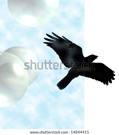Surreal bird:  A lone blackbird (Turdus merula) soaring against a light blue sky with its beak open and wings outspread and spheres in the background.
