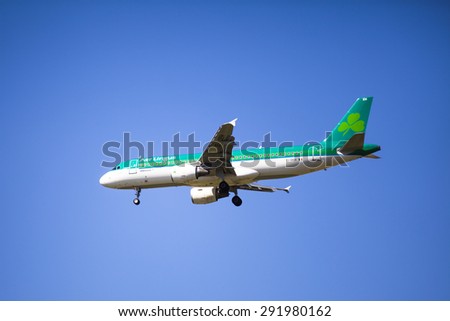 MALAGA, SPAIN - JUNE 23: Airbus A320 from Air Lingus company lands at AGP Airport on June 23, 2015.