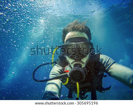 Diving. Self portrait of diver in the sea.