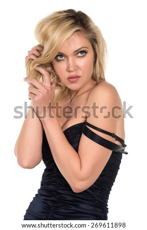Beautiful tall Russian blonde in a short black dress